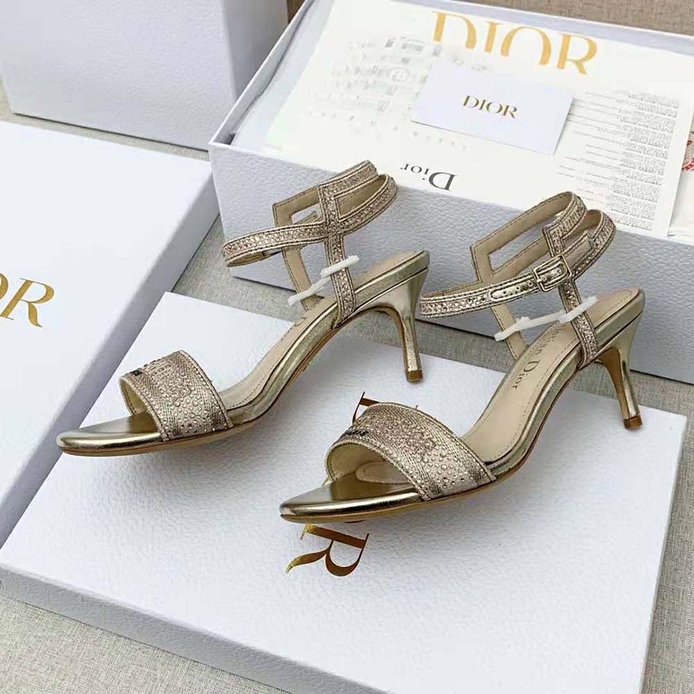 Dior Women Dway Heeled Sandal Gold-Tone Cotton Embroidered with Metallic Thread and Strass - image 5