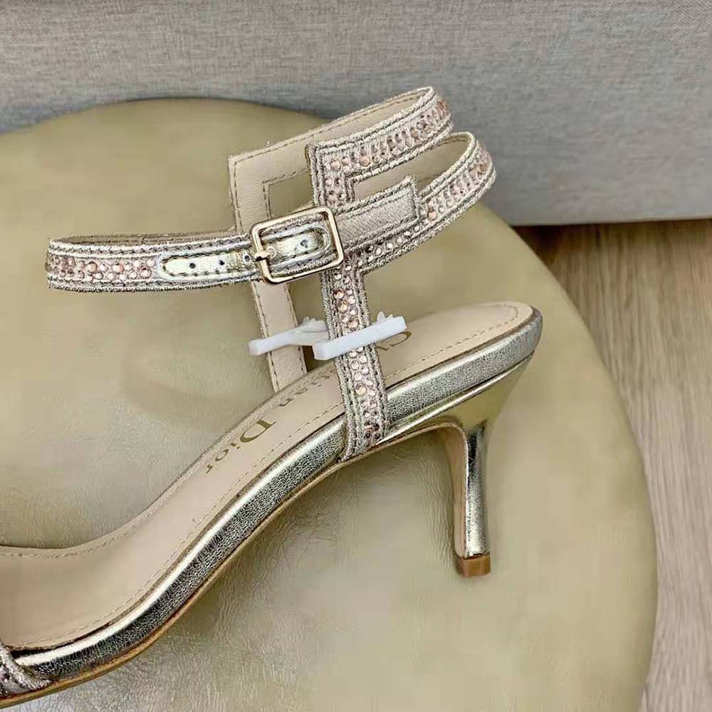 Dior Women Dway Heeled Sandal Gold-Tone Cotton Embroidered with Metallic Thread and Strass - image 9