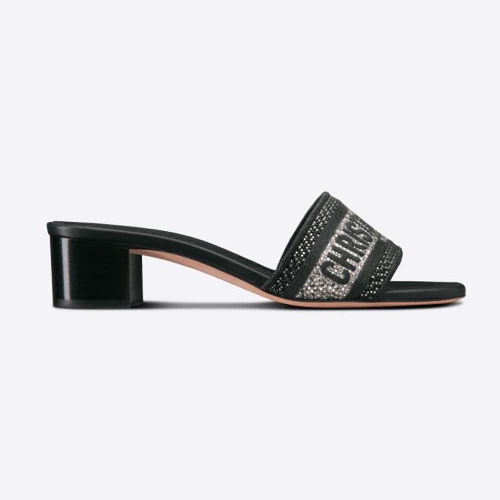 Side view of Dior Women Dway Heeled Slide Black Cotton Embroidered