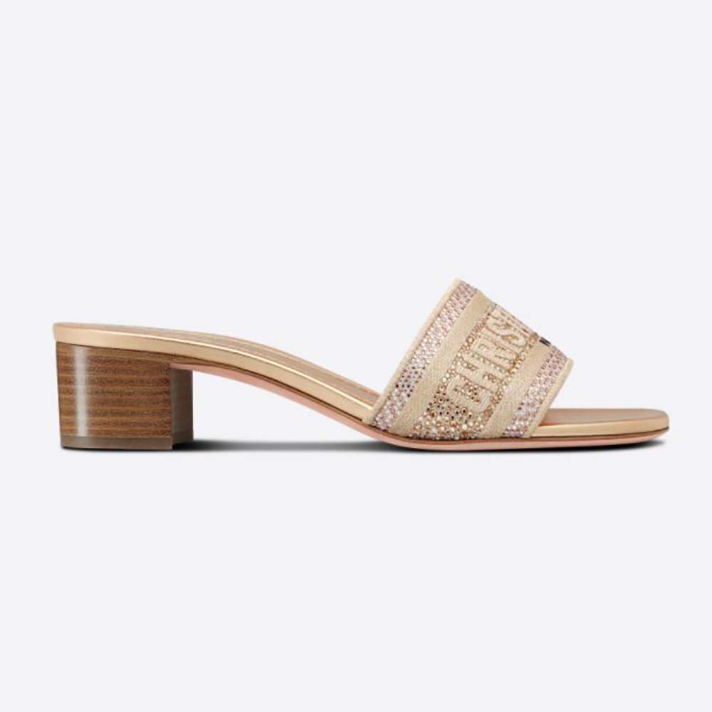 Side angle of Dior Women Dway Heeled Slide Gold-Tone Cotton Embroidered