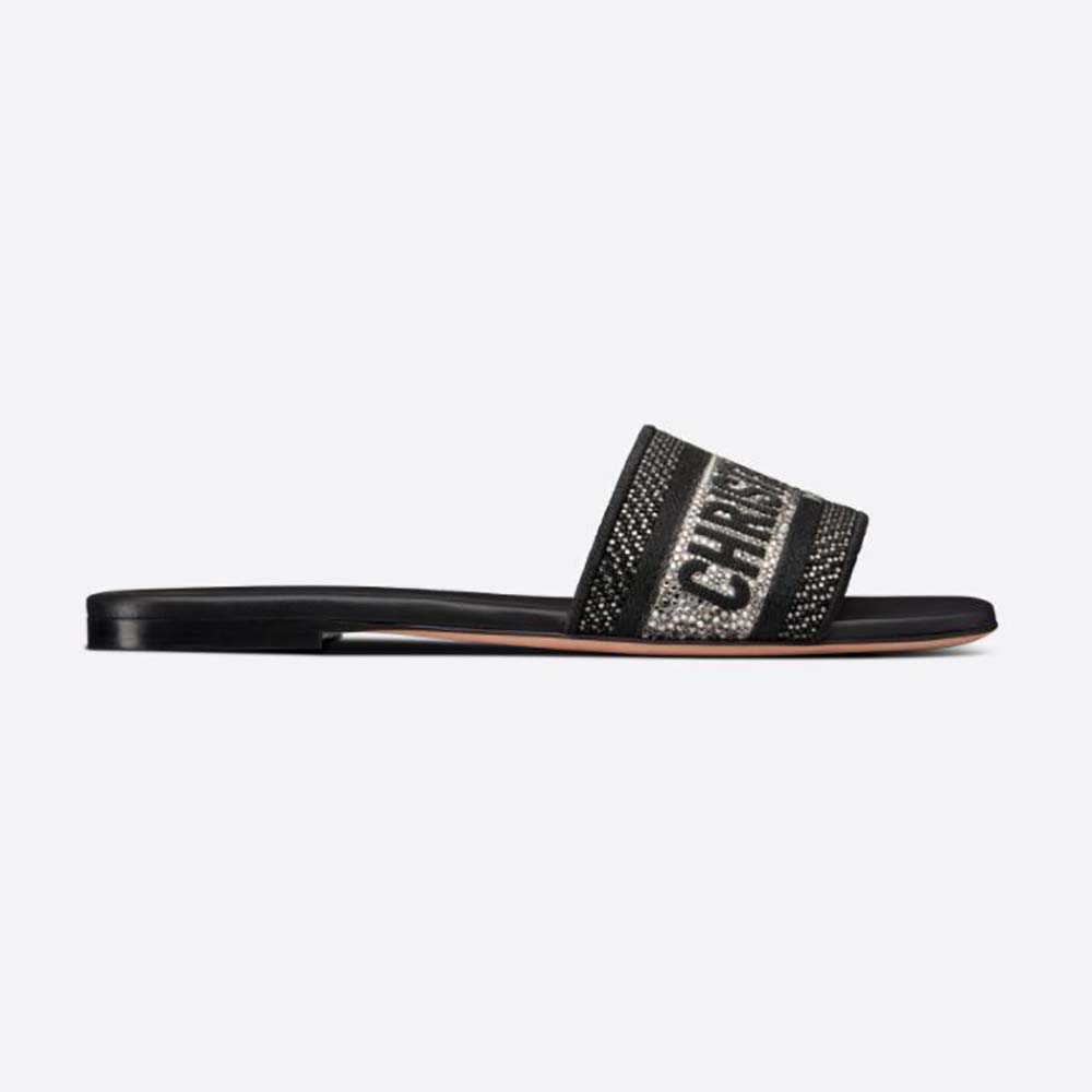 Front angle view of Dior Women Dway Slide Black Cotton Embroidery