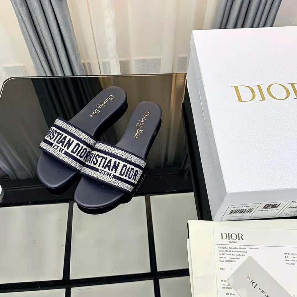 Side profile of Dior Women Dway Slide showing black cotton finish