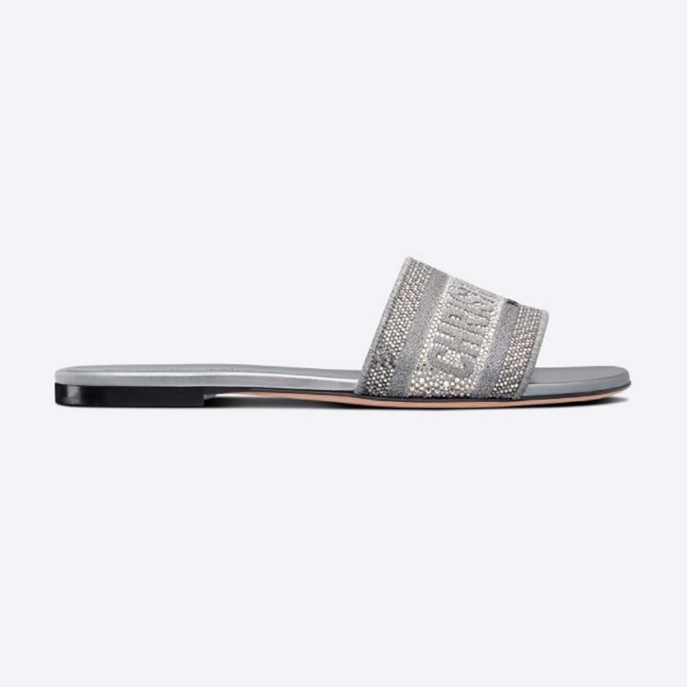 Side view of Dior Women Dway Slide featuring silver metallic embroidery