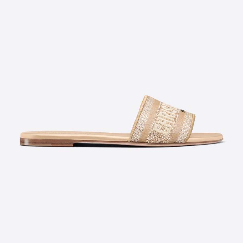 Front angle of Dior Women Dway Slide Gold-Tone Cotton Embroidered sandal
