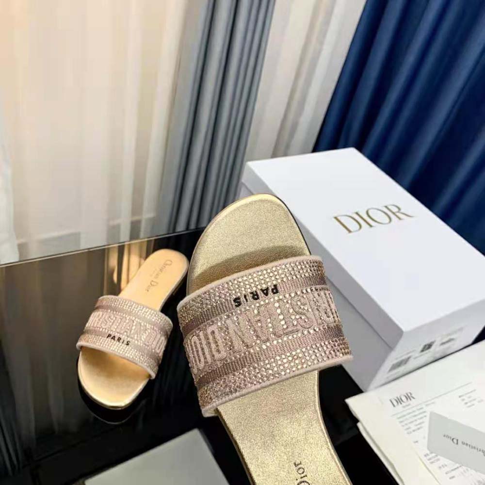 Dior Women Dway Slide Gold-Tone Cotton Embroidered with Metallic Thread and Strass - image 9