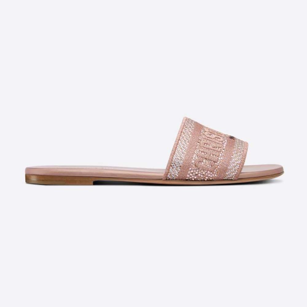 Side view of Dior Women Dway Slide Rose Des Vents sandal in pink cotton