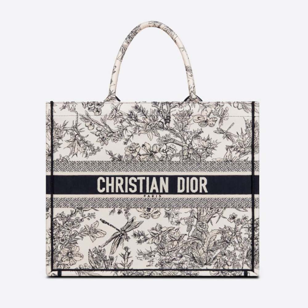 Front view of Dior Women Large Dior Book Tote Blue Toile de Jouy Flowers Embroidery
