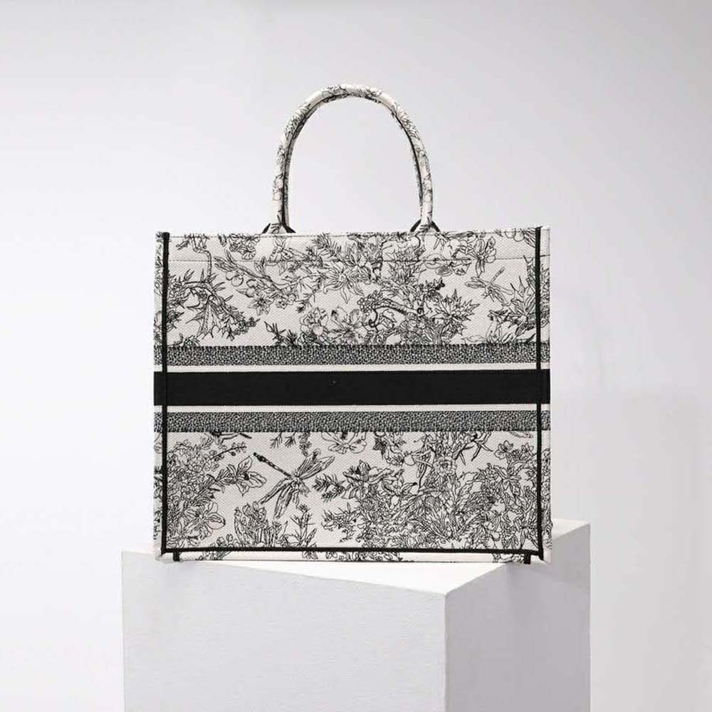 Side angle showing structure of Dior Women Large Dior Book Tote Blue Toile de Jouy Flowers Embroidery