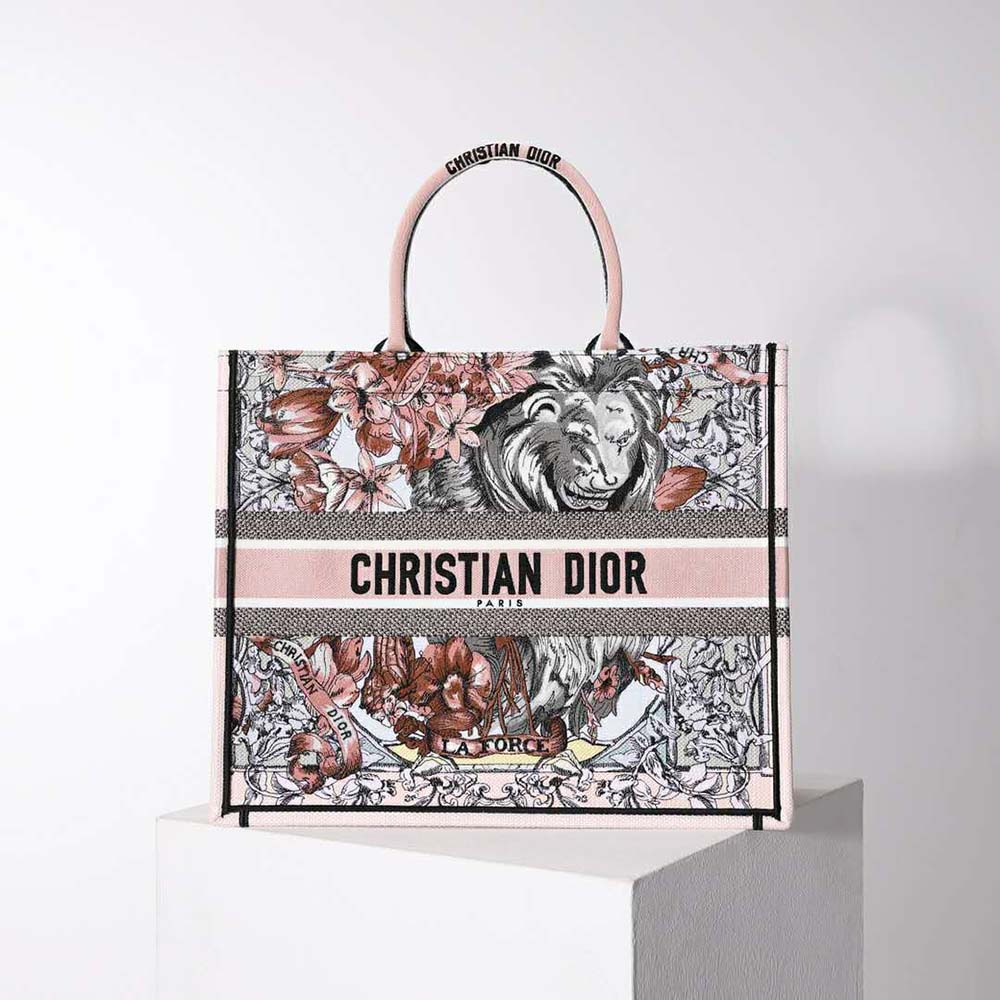 Close-up of intricate multicolor La Force embroidery on Dior tote