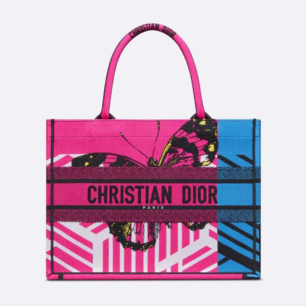 Front view of Dior Women Medium Dior Book Tote Bright Blue and Pink D-Jungle Pop Embroidery