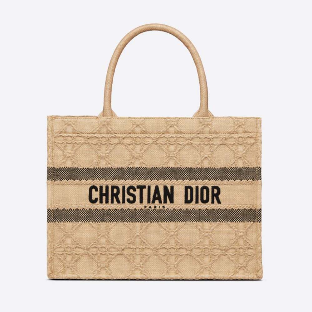 Front view of Dior Women Medium Dior Book Tote Natural Cannage Raffia