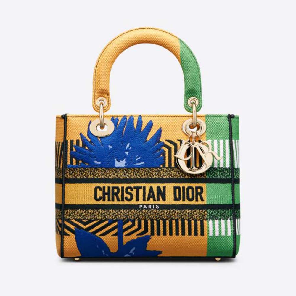 Front view of Dior Women Medium Lady D-lite Bag Bright Yellow and Green D-Flower Pop Embroidery
