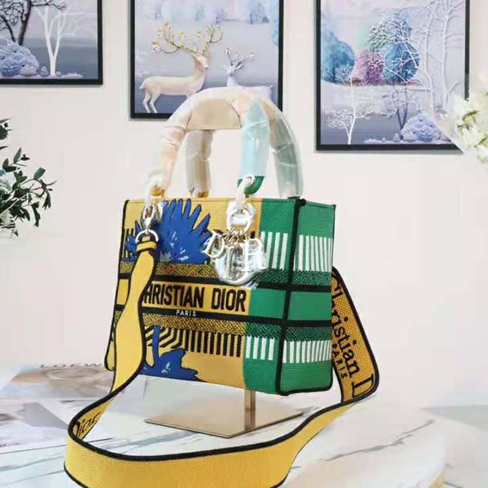 Dior Women Medium Lady D-lite Bag Bright Yellow and Green D-Flower Pop Embroidery - image 6