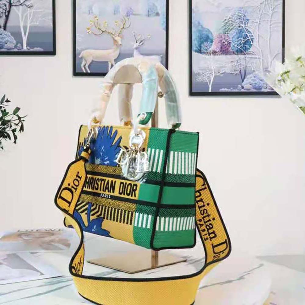 Dior Women Medium Lady D-lite Bag Bright Yellow and Green D-Flower Pop Embroidery - image 8
