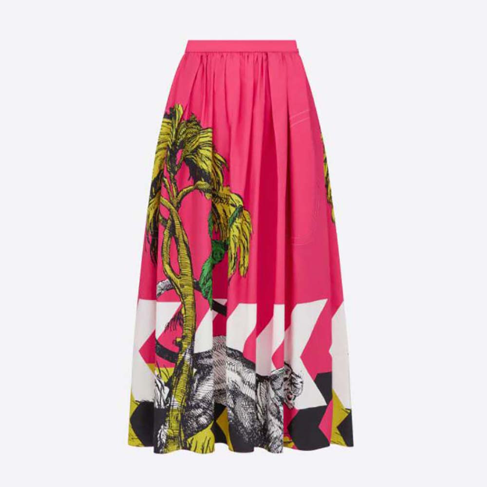 Front view of Dior Women Mid-Length Pleated Skirt Pink Cotton Poplin