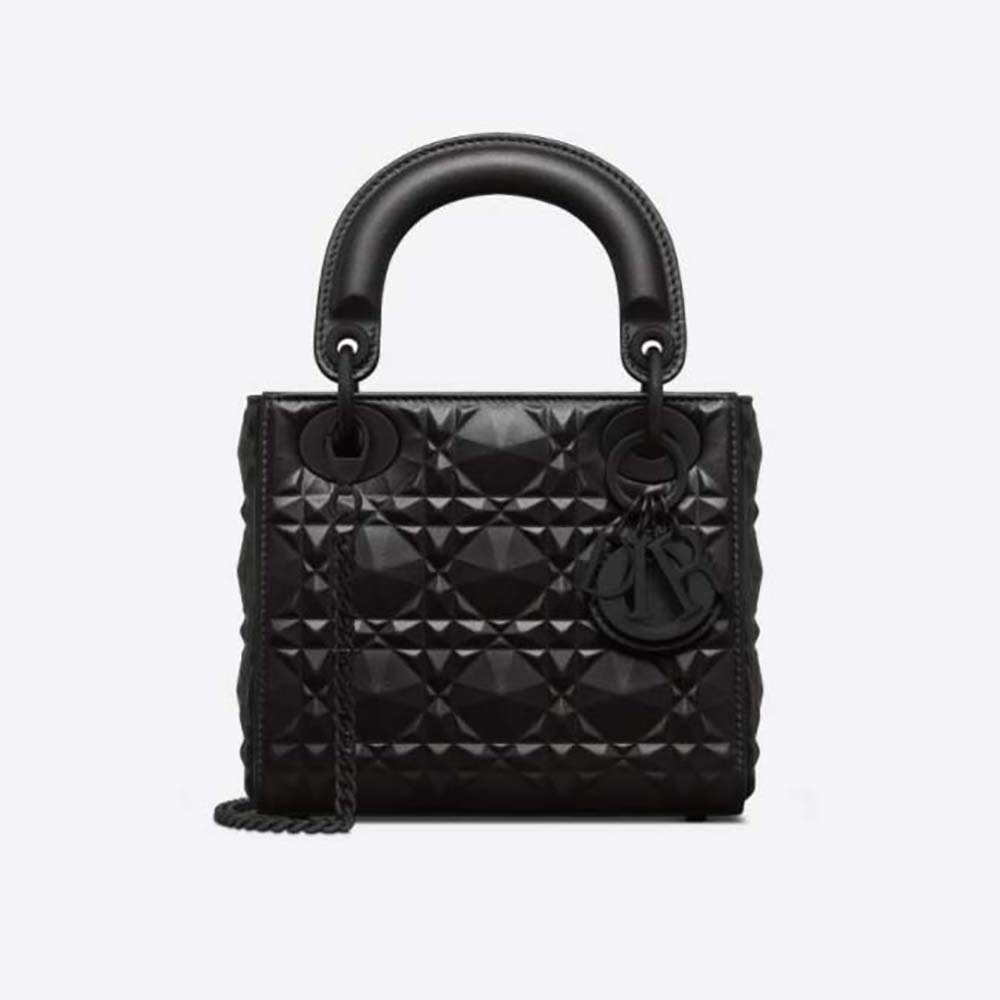 Front view of Dior Women Mini Lady Dior Bag Black Cannage Calfskin with Diamond Motif