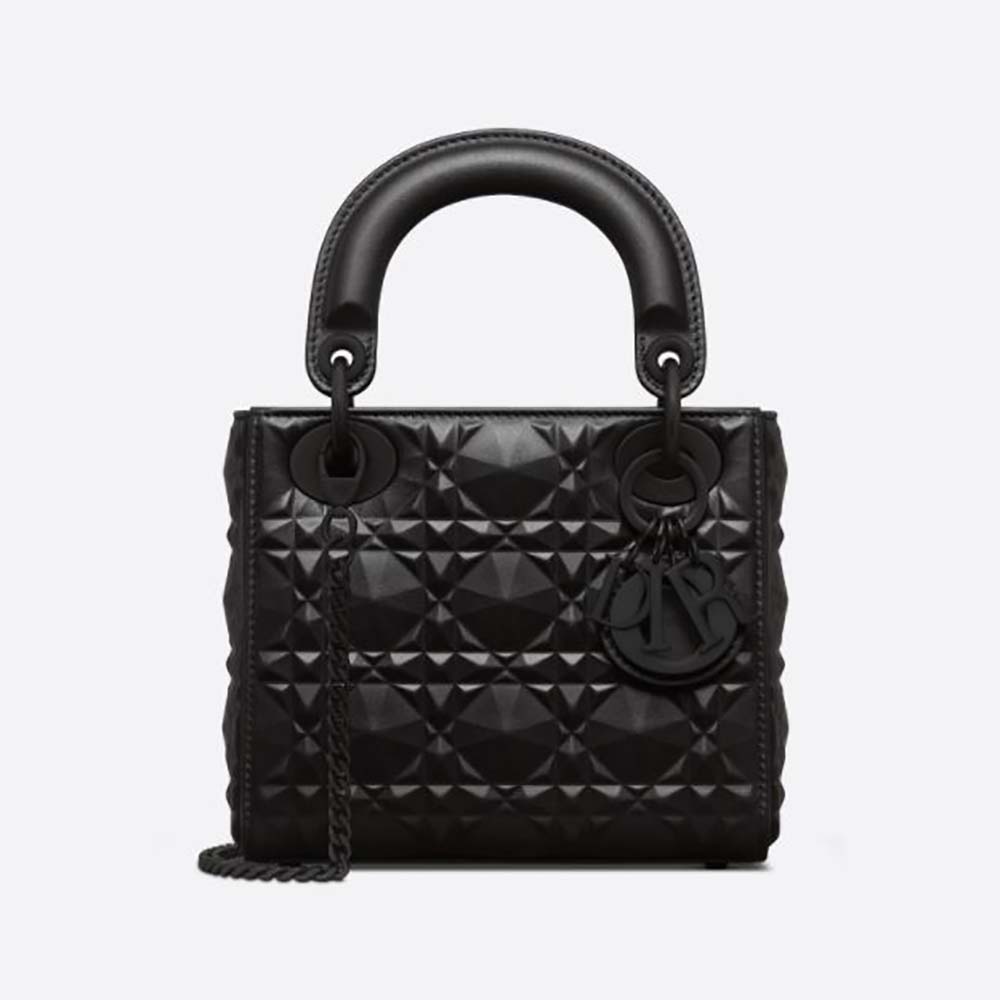 Front view of Dior Women Mini Lady Dior Bag Black Cannage Calfskin with Diamond Motif