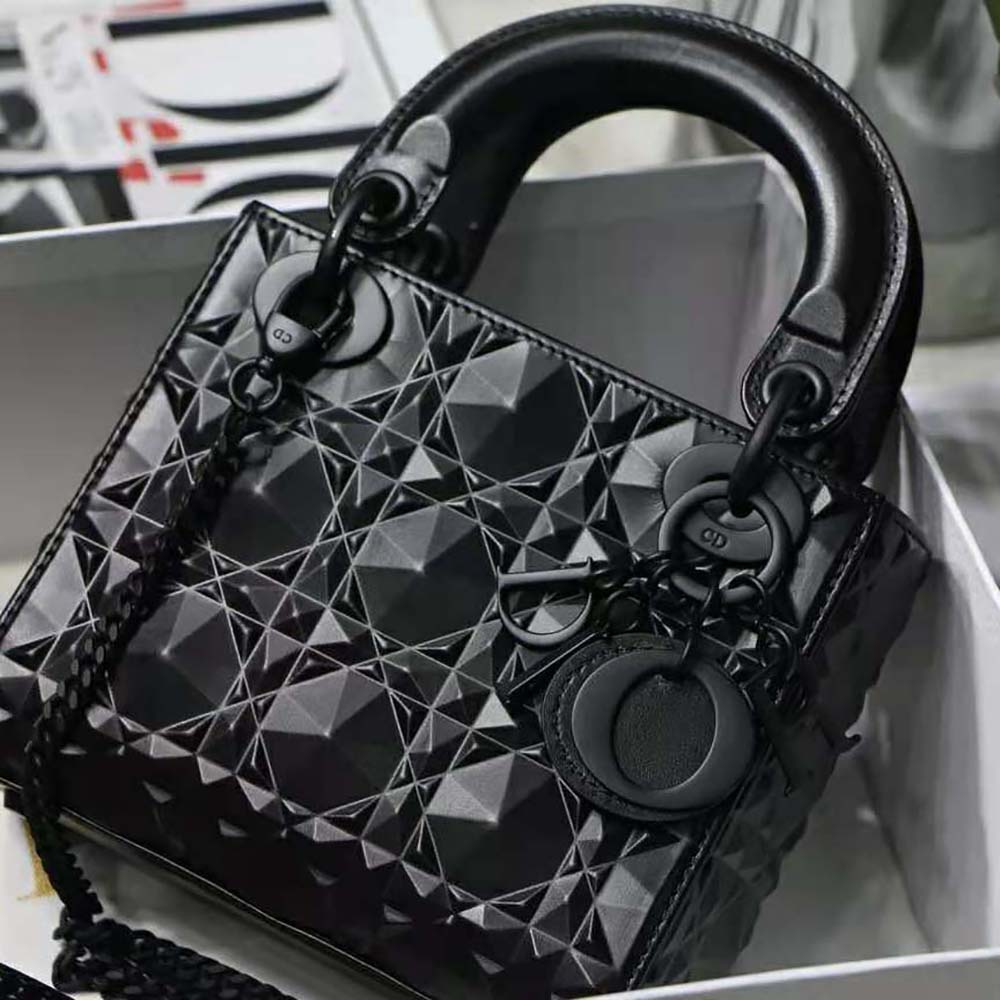 Side angle showing Cannage quilting texture on Dior Women Mini Lady Dior Bag