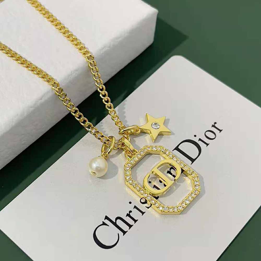 Dior Women Petit CD Necklace Gold-Finish Metal with a White Resin Pearl and White Crystals - image 5