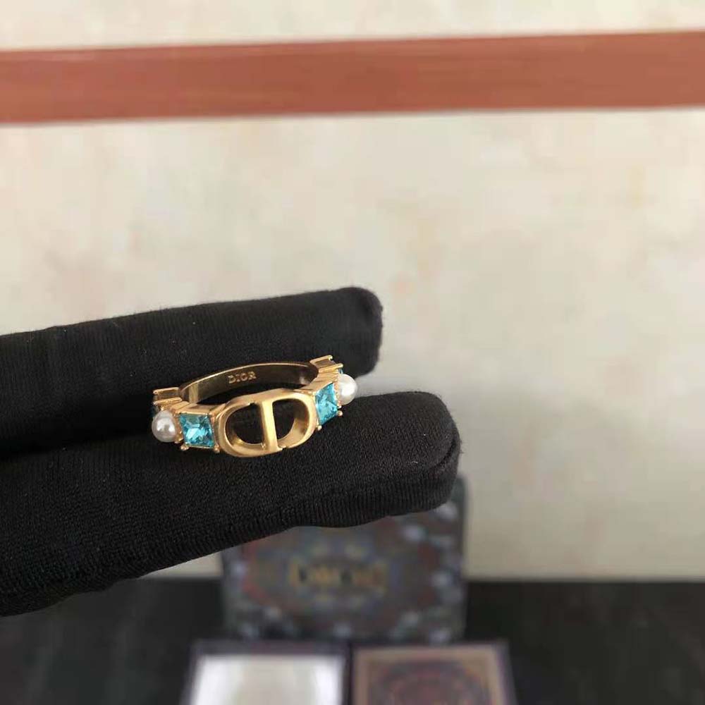 Dior Women Petit CD Ring Gold-Finish Metal with White Resin Pearls and Light Blue Crystals - image 6