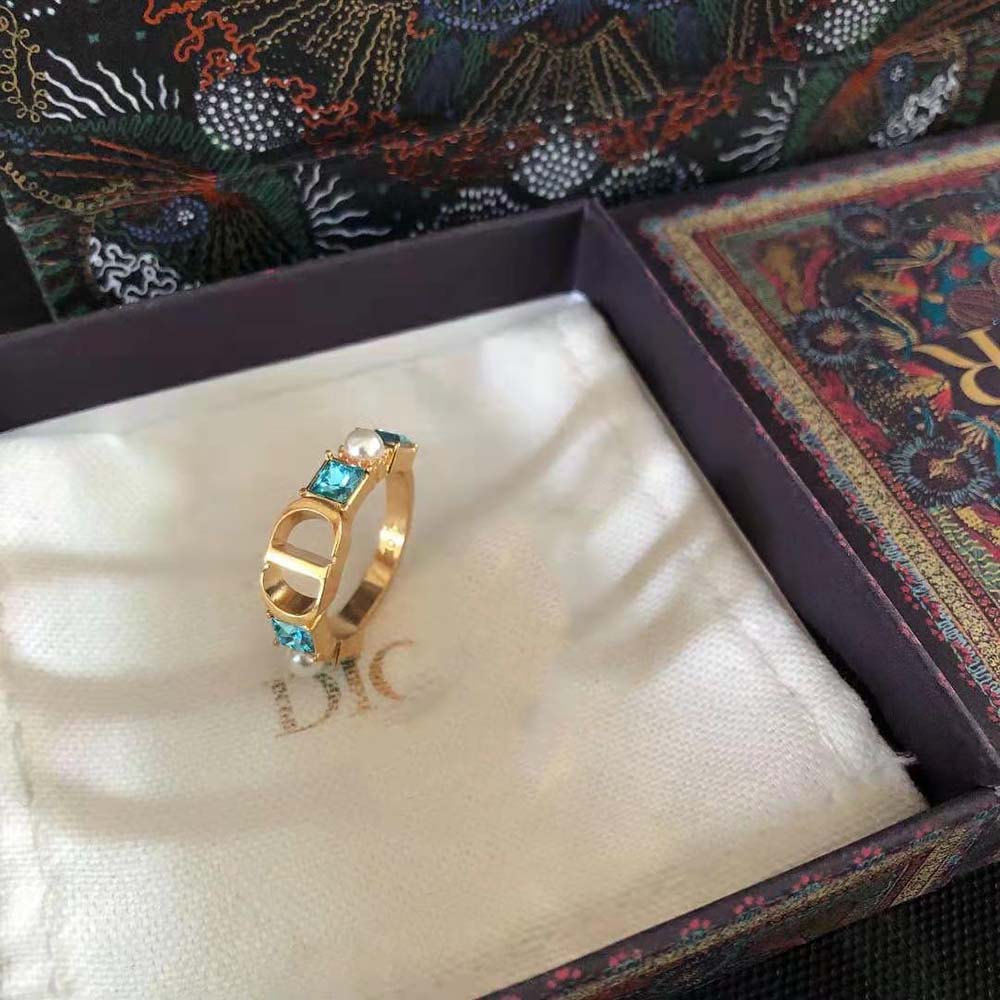 Dior Women Petit CD Ring Gold-Finish Metal with White Resin Pearls and Light Blue Crystals - image 4