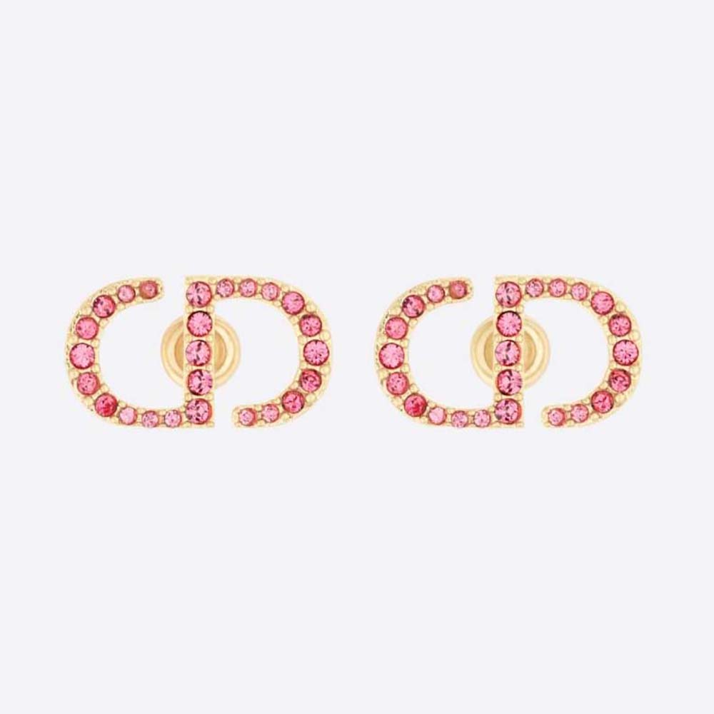 Front view of Dior Women Petit CD Stud Earrings Gold-Finish and Pink Crystals