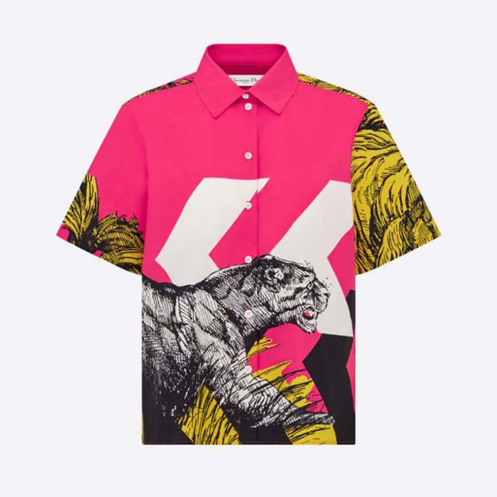 Front view of Dior Women Short-Sleeved Blouse Pink Cotton Poplin with D-Tiger motif