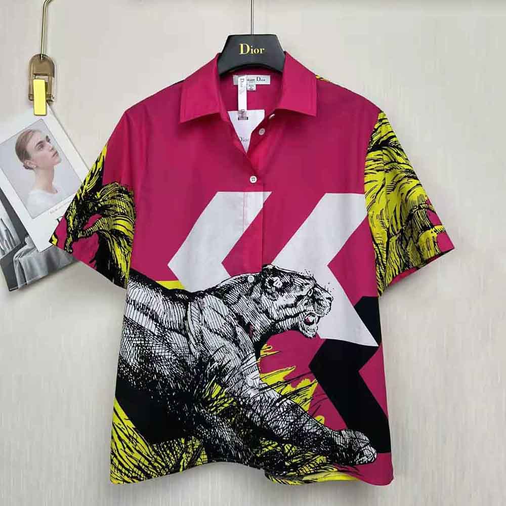 Close-up detail of multicolor D-Tiger print on Dior Women Short-Sleeved Blouse