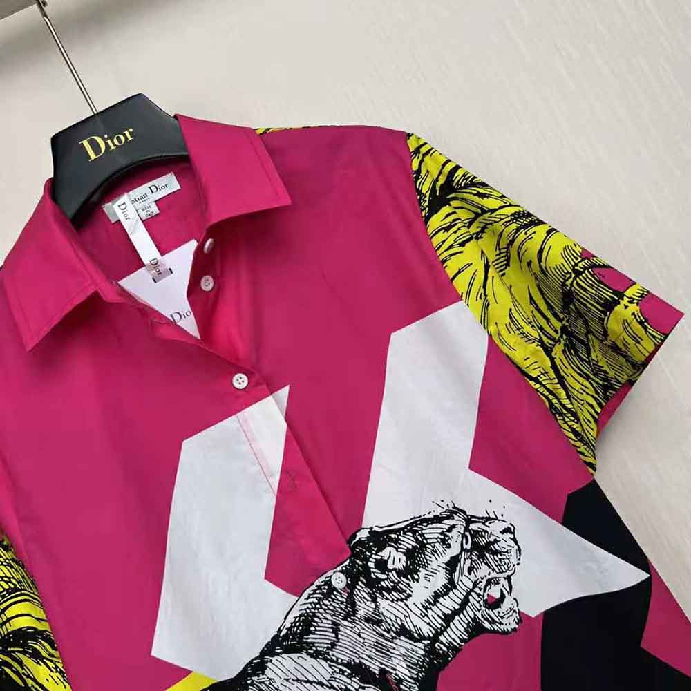 Dior Women Short-Sleeved Blouse Pink Cotton Poplin with Multicolor D-Tiger Pop Motif - image 4