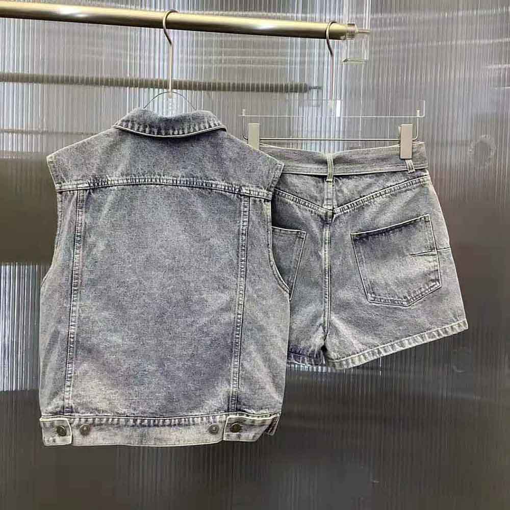 Side angle of Dior Women Shorts Blue Cotton Denim highlighting stitching