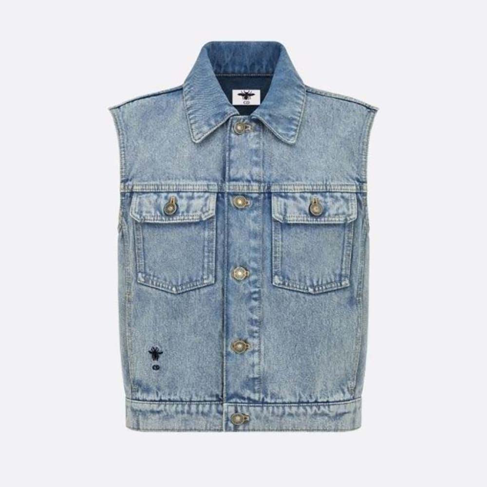 Front view of Dior Women Sleeveless Jacket Blue Cotton Denim