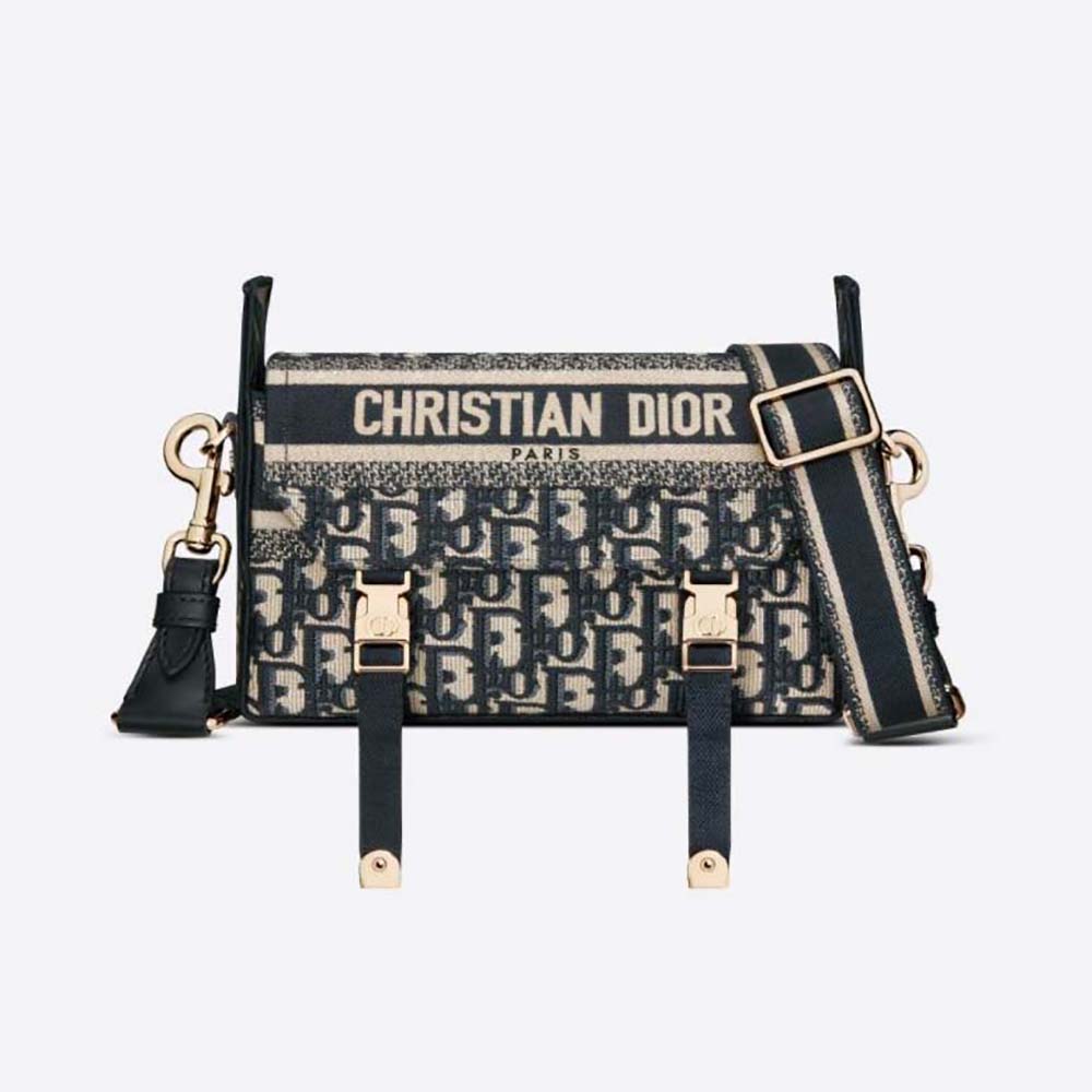 Front view of Dior Women Small Diorcamp Bag Blue Dior Oblique Embroidery