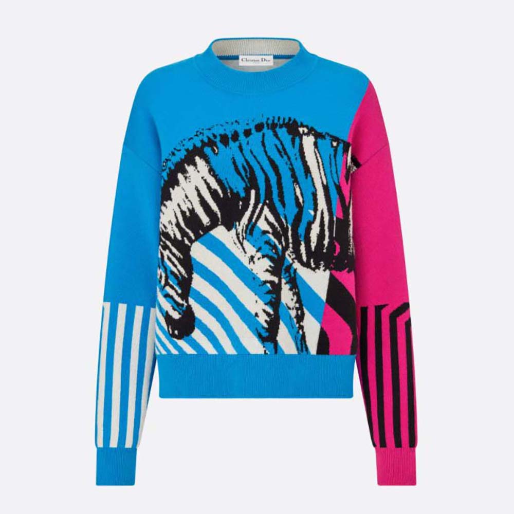 Front view of Dior Women Sweater Bright Blue and Pink D-Jungle Pop Double-Sided Technical Cashmere