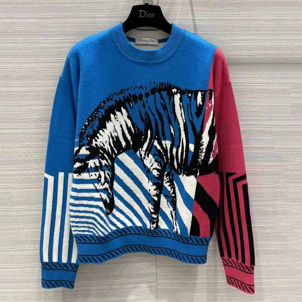 Close-up detail of vibrant blue and pink cashmere knit on Dior Women Sweater