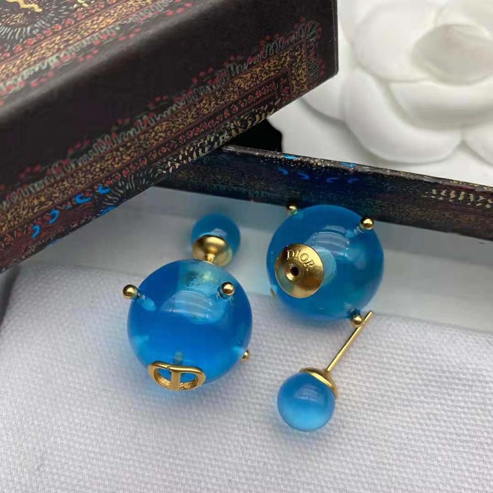 Dior Women Tribales Earrings Gold-Finish Metal and Light Blue Transparent Resin Pearls - image 6