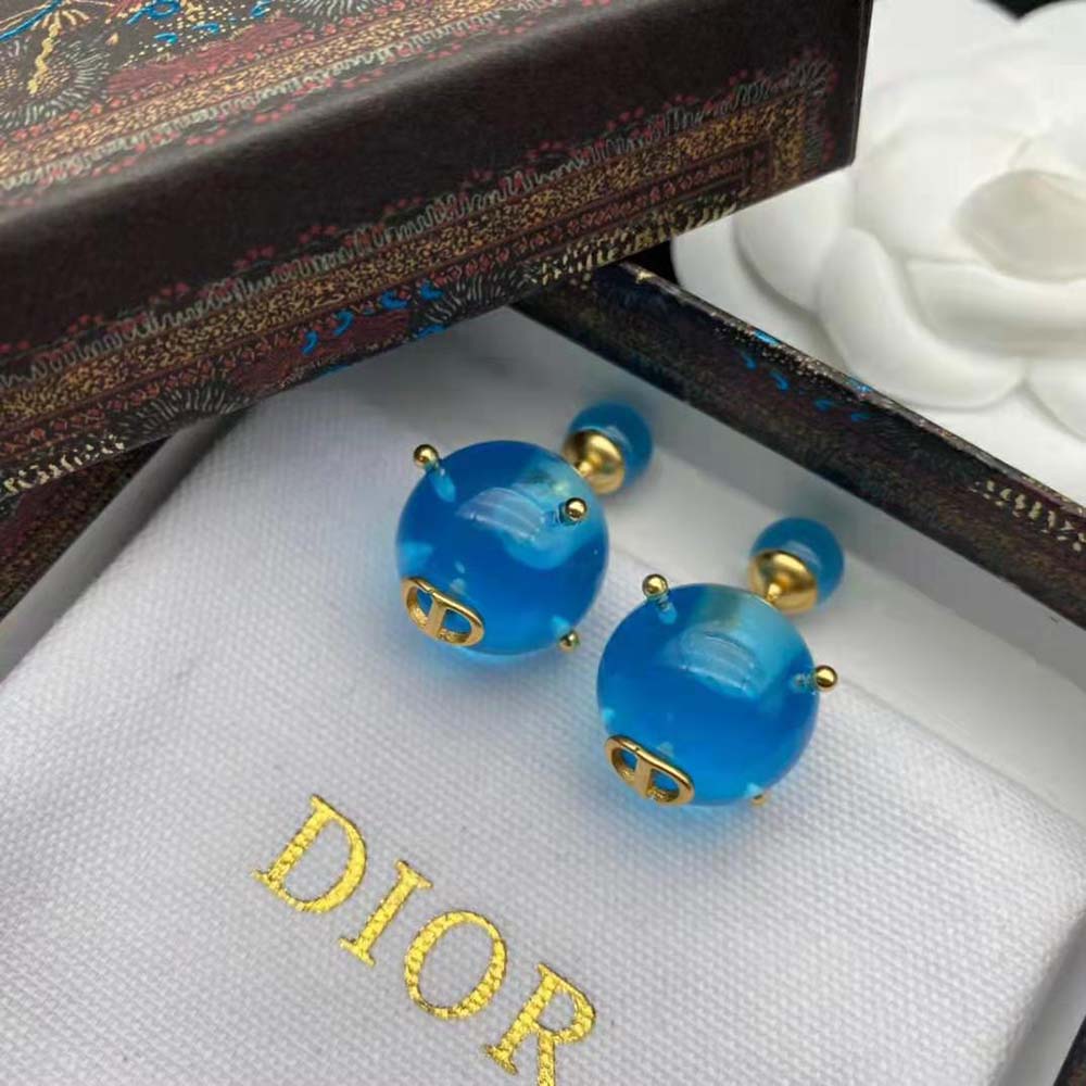 Dior Women Tribales Earrings Gold-Finish Metal and Light Blue Transparent Resin Pearls - image 4