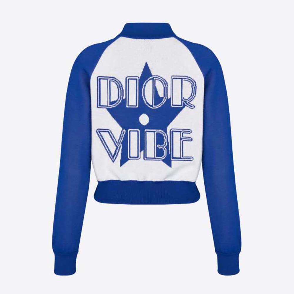 Front view of Dior Women Vibe Bomber Jacket Fluorescent Blue and White Technical Cashmere Jacquard