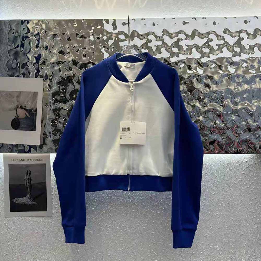 Side profile showcasing silhouette of Dior Women Vibe Bomber Jacket in bright blue