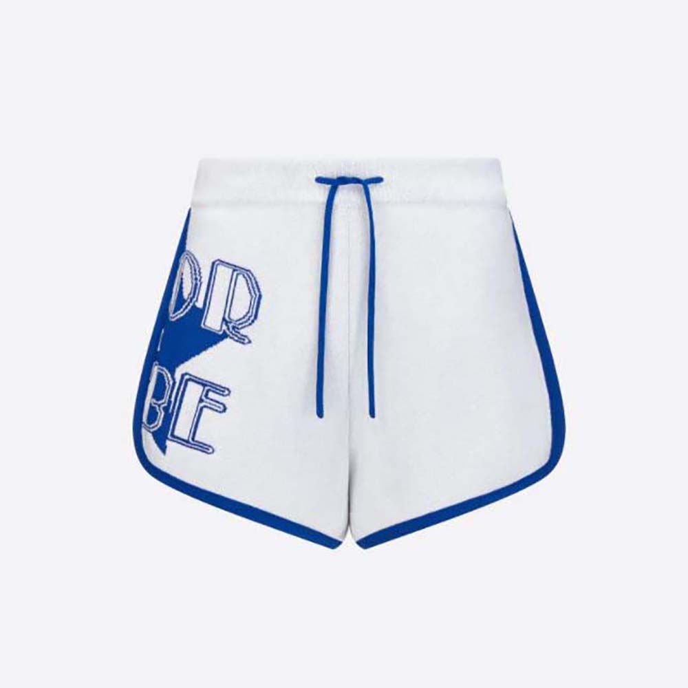 Front view of Dior Women Vibe Shorts White and Fluorescent Blue jacquard