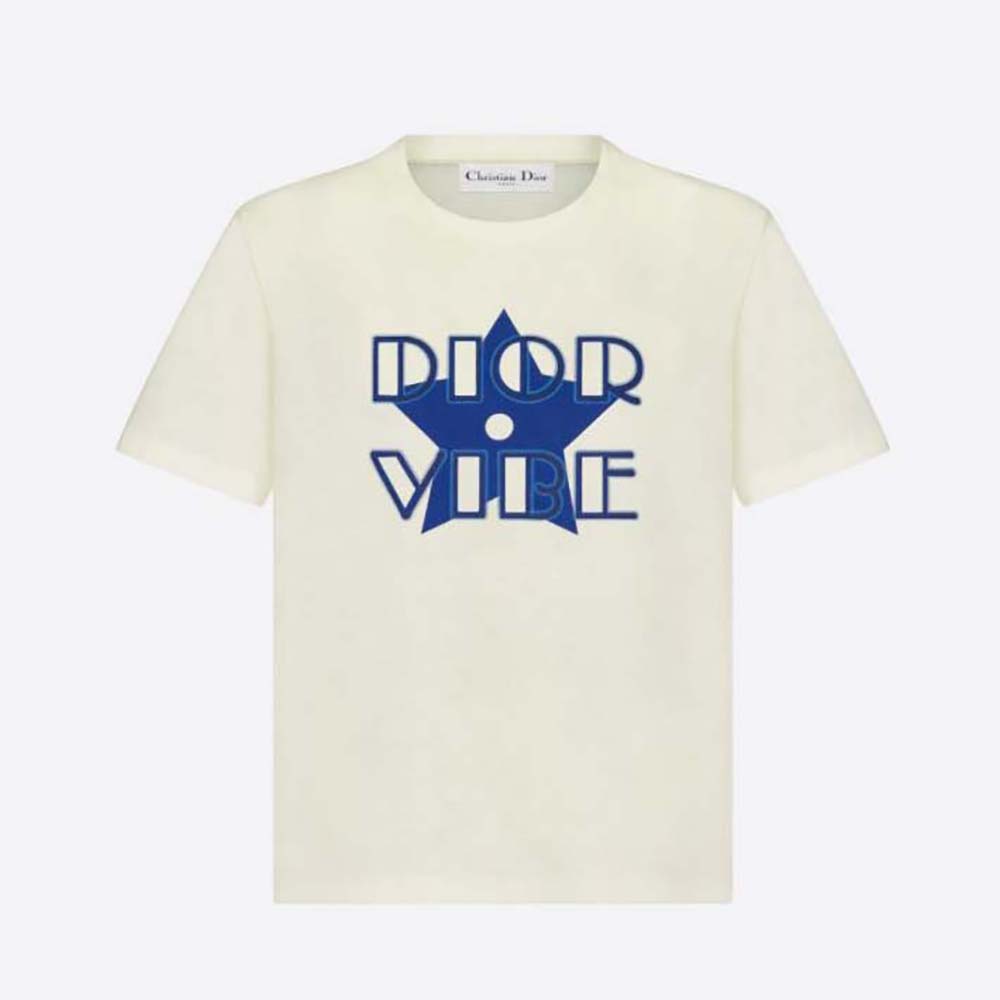 Front view of Dior Women Vibe T-shirt Ecru and Fluorescent Blue