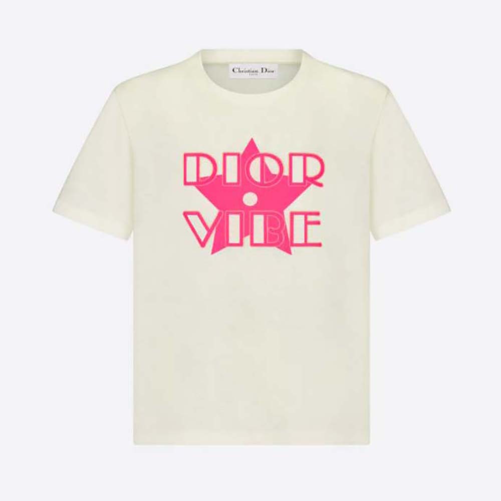 Front view of Dior Women Vibe T-shirt Ecru and Fluorescent Pink