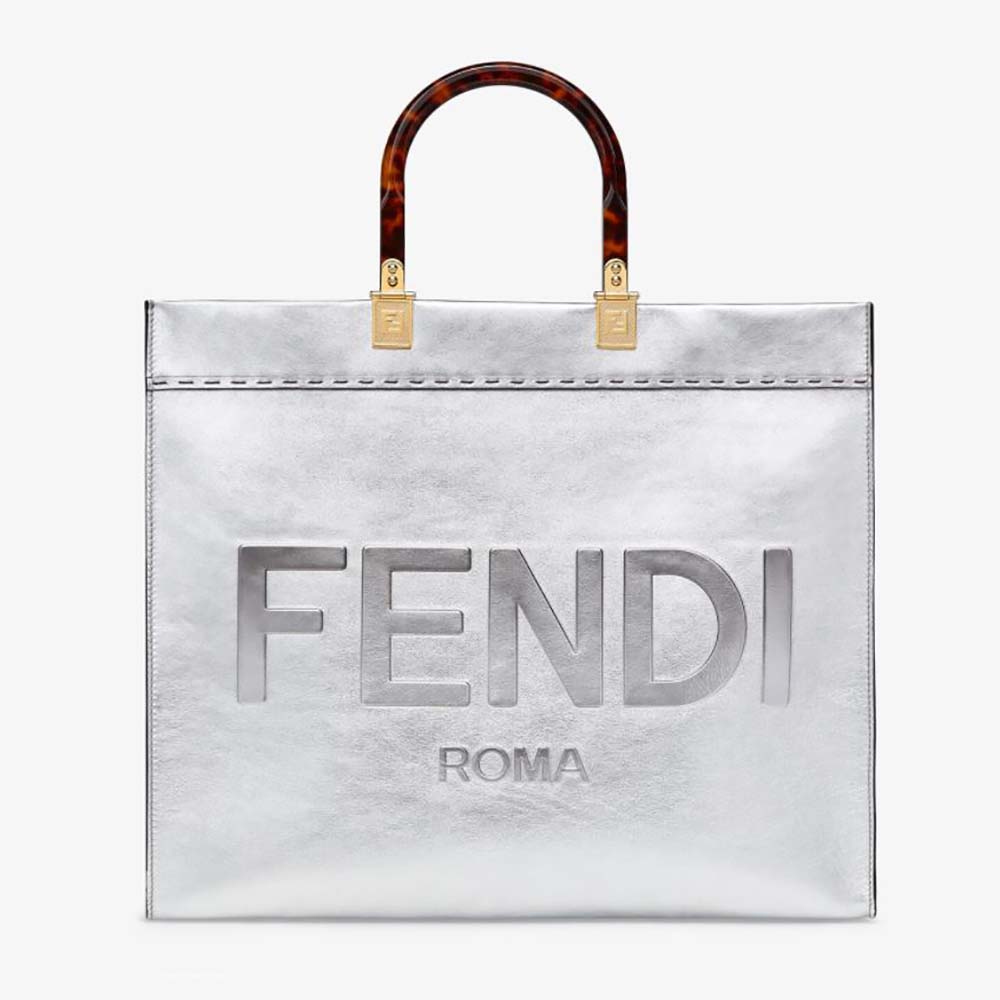 Front view of Fendi Women Fendi Sunshine Medium Silver Laminated Leather Shopper