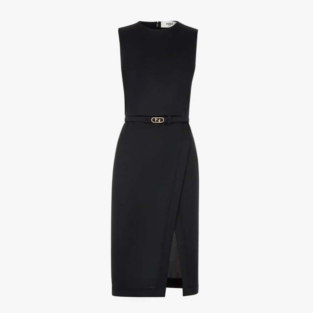 Front view of Fendi Women Midi-Length Sheath Black Pique Jersey Dress
