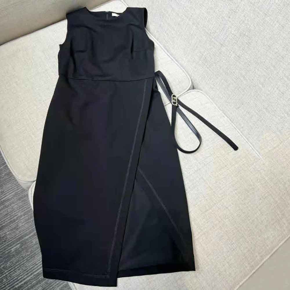 Close-up of black pique jersey texture on Fendi midi dress