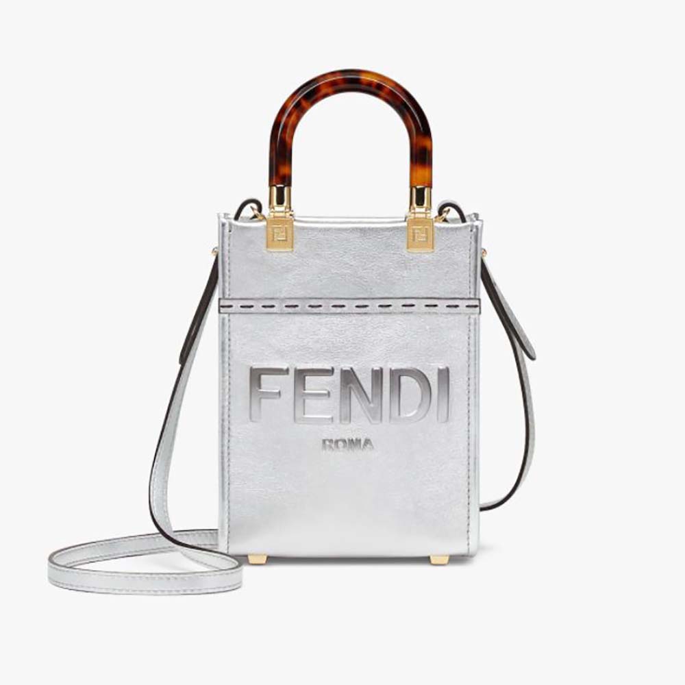 Front view of Fendi Women Mini Sunshine Shopper Silver Laminated Leather Shopper