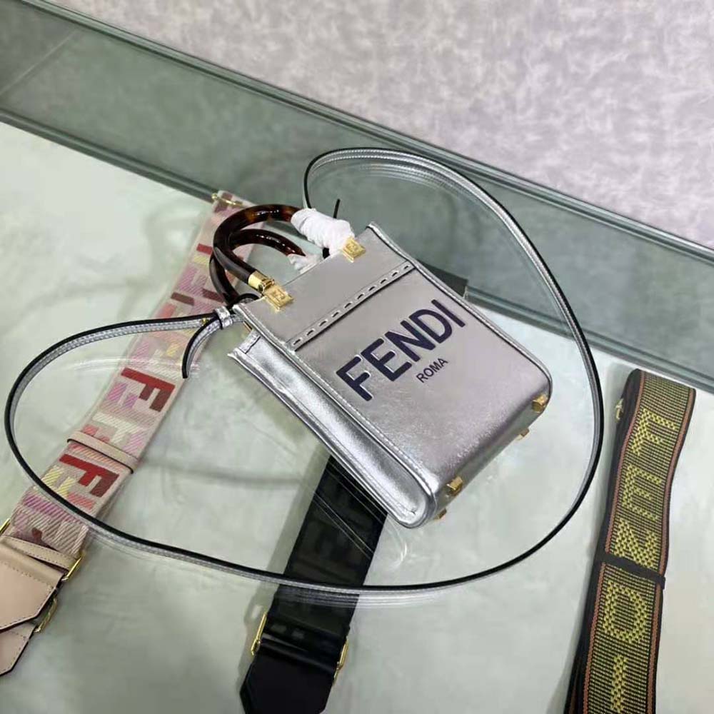 Fendi Women Mini Sunshine Shopper Silver Laminated Leather Shopper - image 4