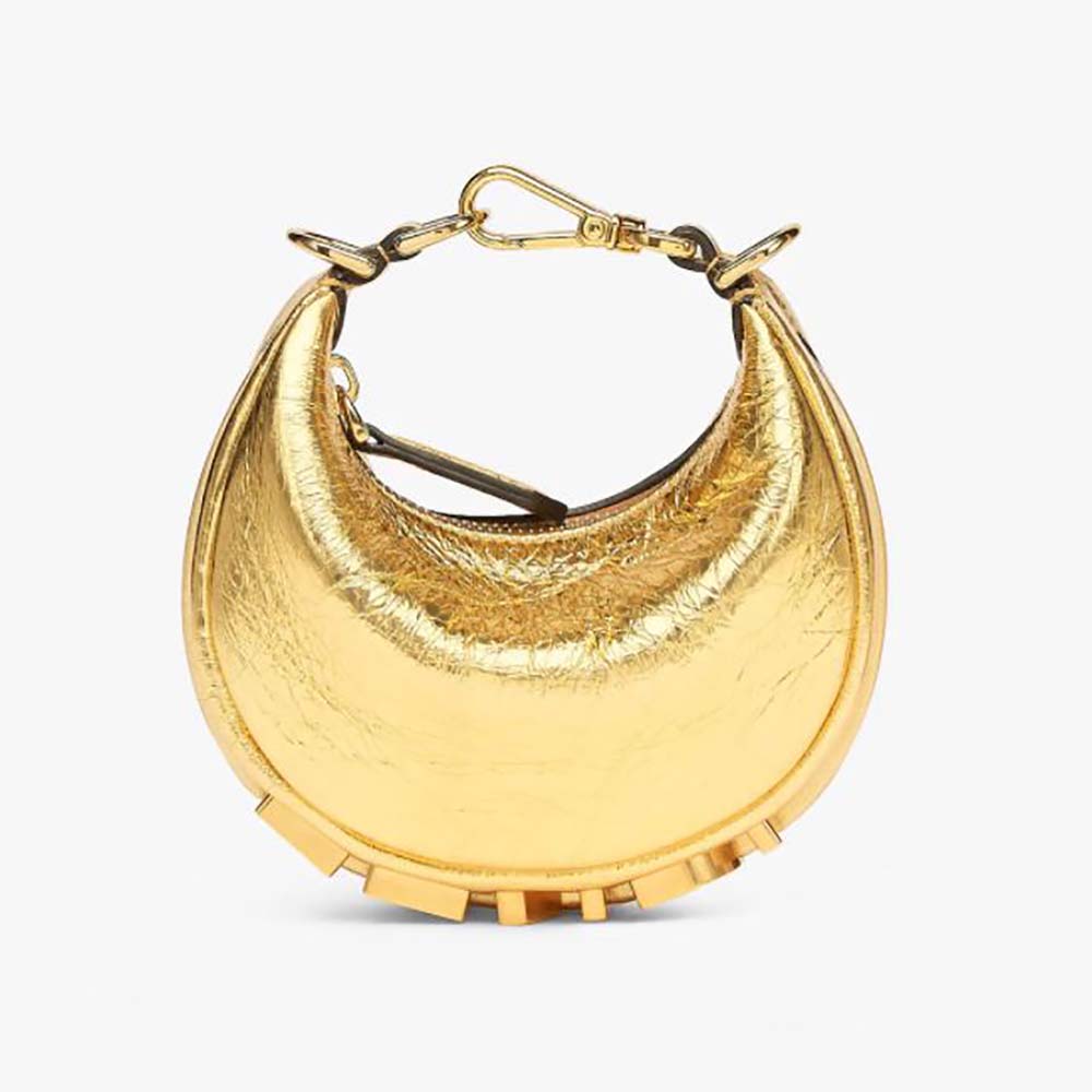 Front view of Fendi Women Nano Fendigraphy Gold Leather Charm with clasp