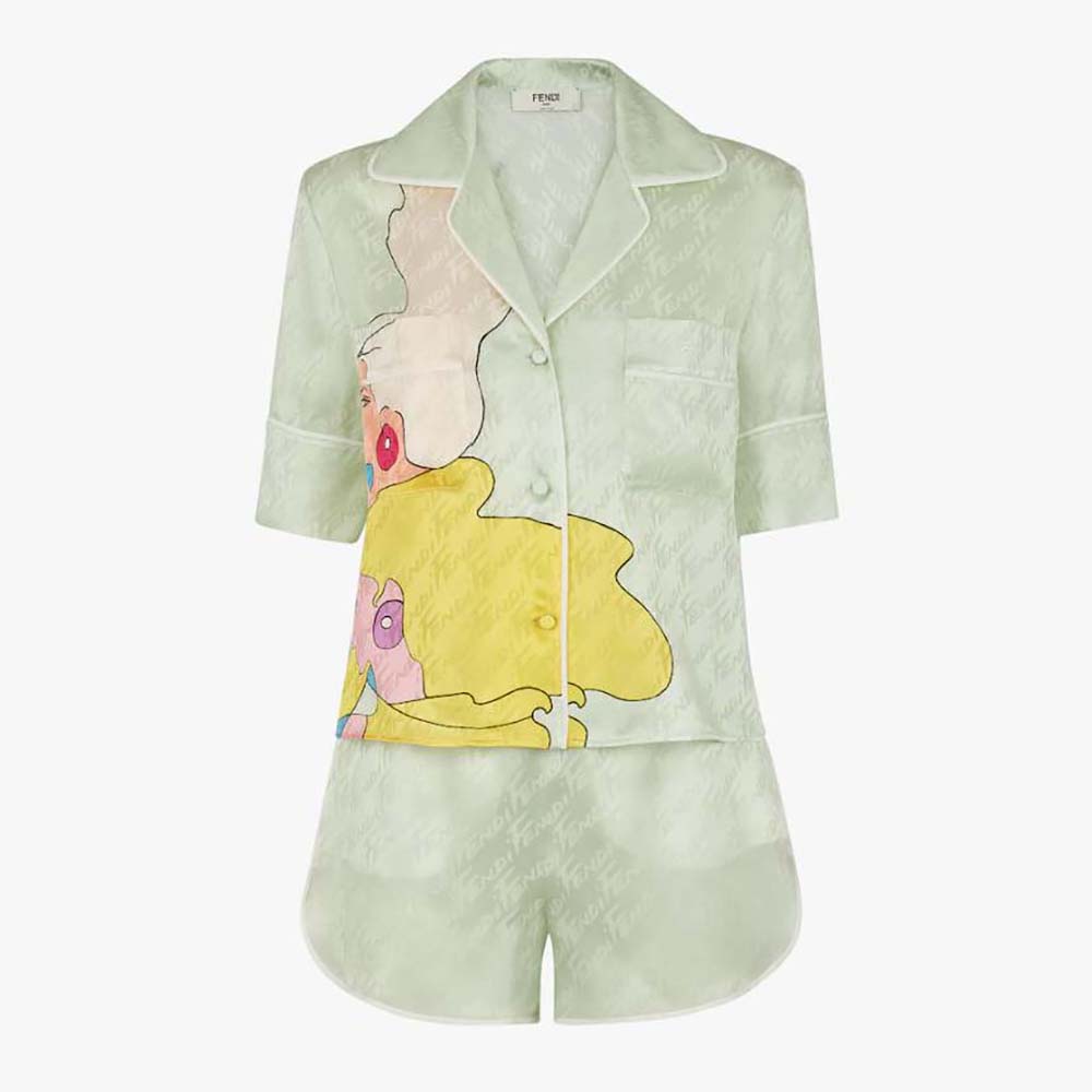 Front view of Fendi Women Pajama Set Multicolor Silk Pajama Set-Lime in vibrant lime