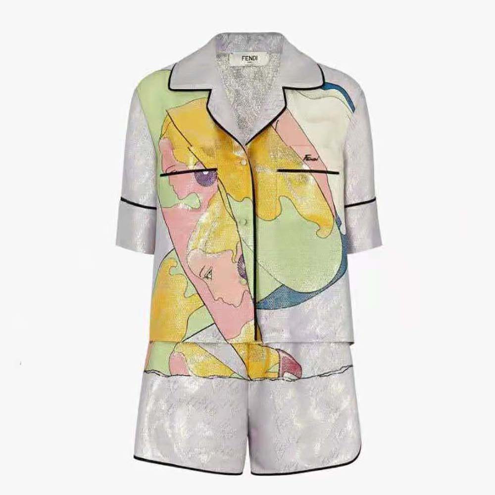 Front view of Fendi Women Pajama Set Multicolor Silk Pajama Set-White