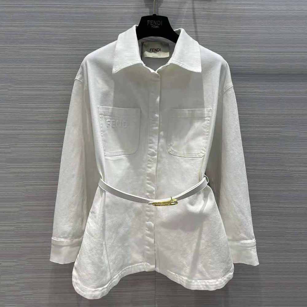 Side angle showcasing silhouette of Fendi Women Single-breasted White Denim Jacket